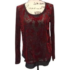 Vera Wang crushed red velvet & sheer black blouse